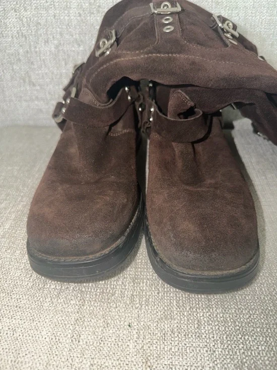 Steve Madden Brocks Chocolate Brown Suede Buckle Slouch Mid-Calf Moto Boots - Picture 10 of 12